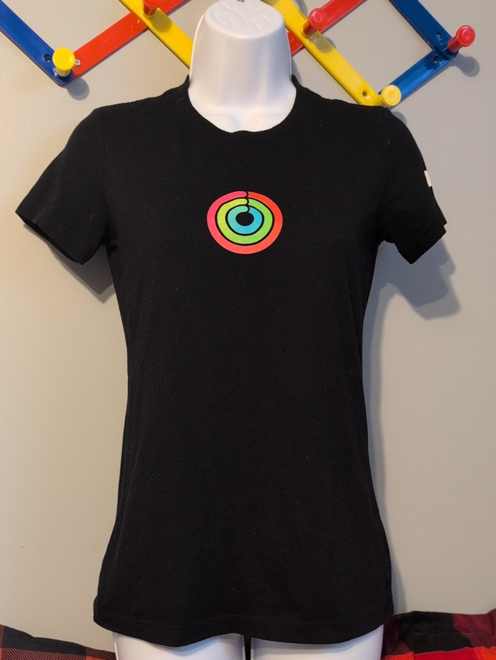 Black Short-Sleeve Women’s Tee with Neon Target Graphic